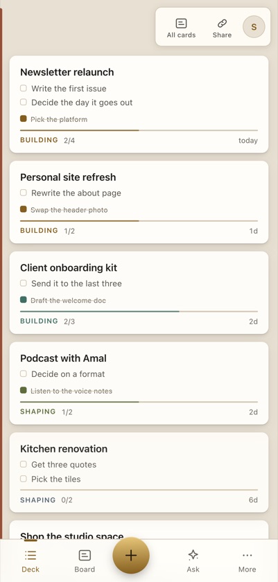 Brassdeck on a phone: project cards stacked, each with its steps, stage and how long since it moved.
